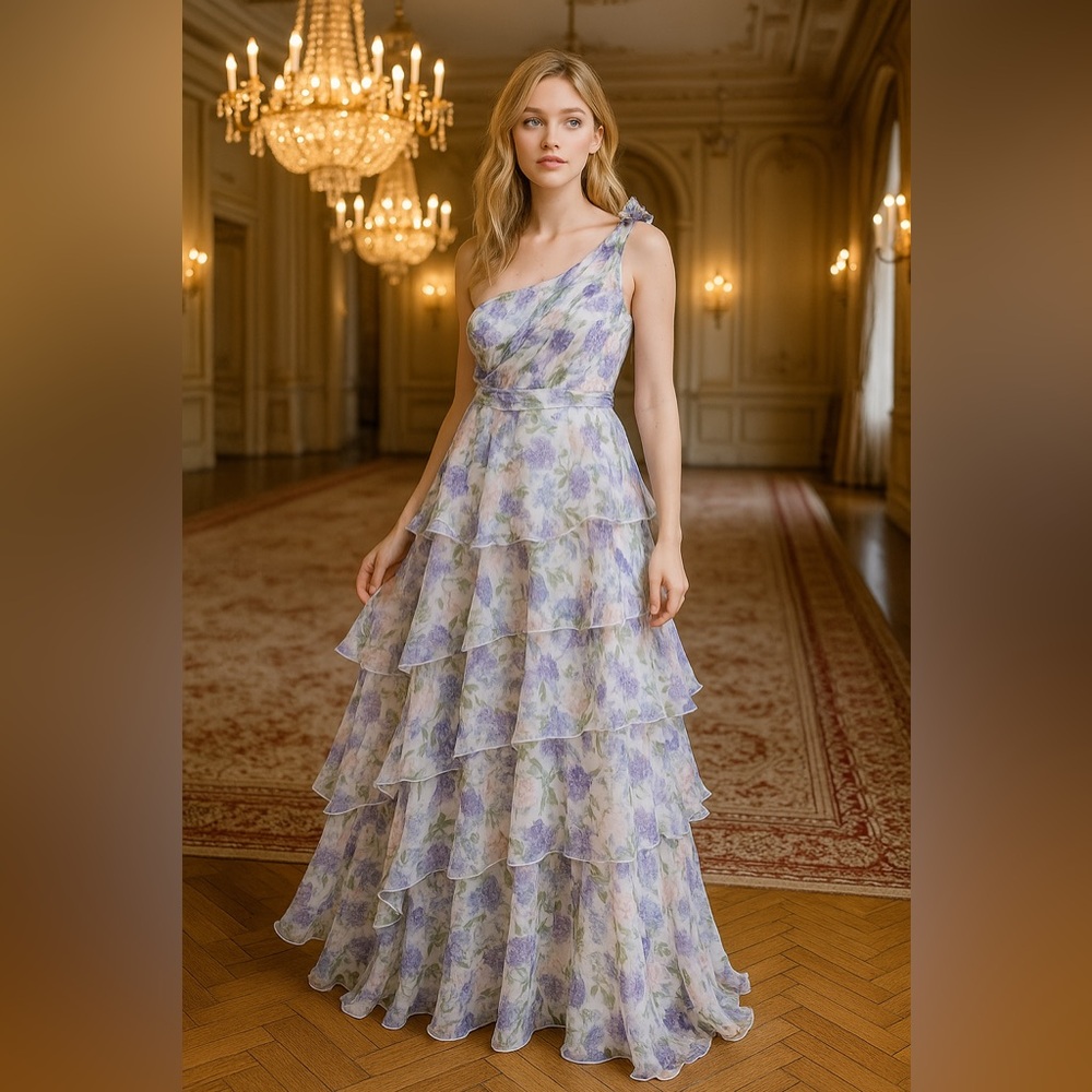 VIPGIRL One Shoulder Floral Ruffle Maxi Dress XL Garden Party Chiffon
